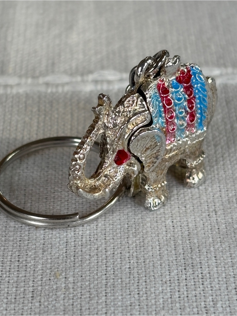 Vintage Silver Tone Elephant Keychain Red Blue Rhinestone Lucky Elephant keyring